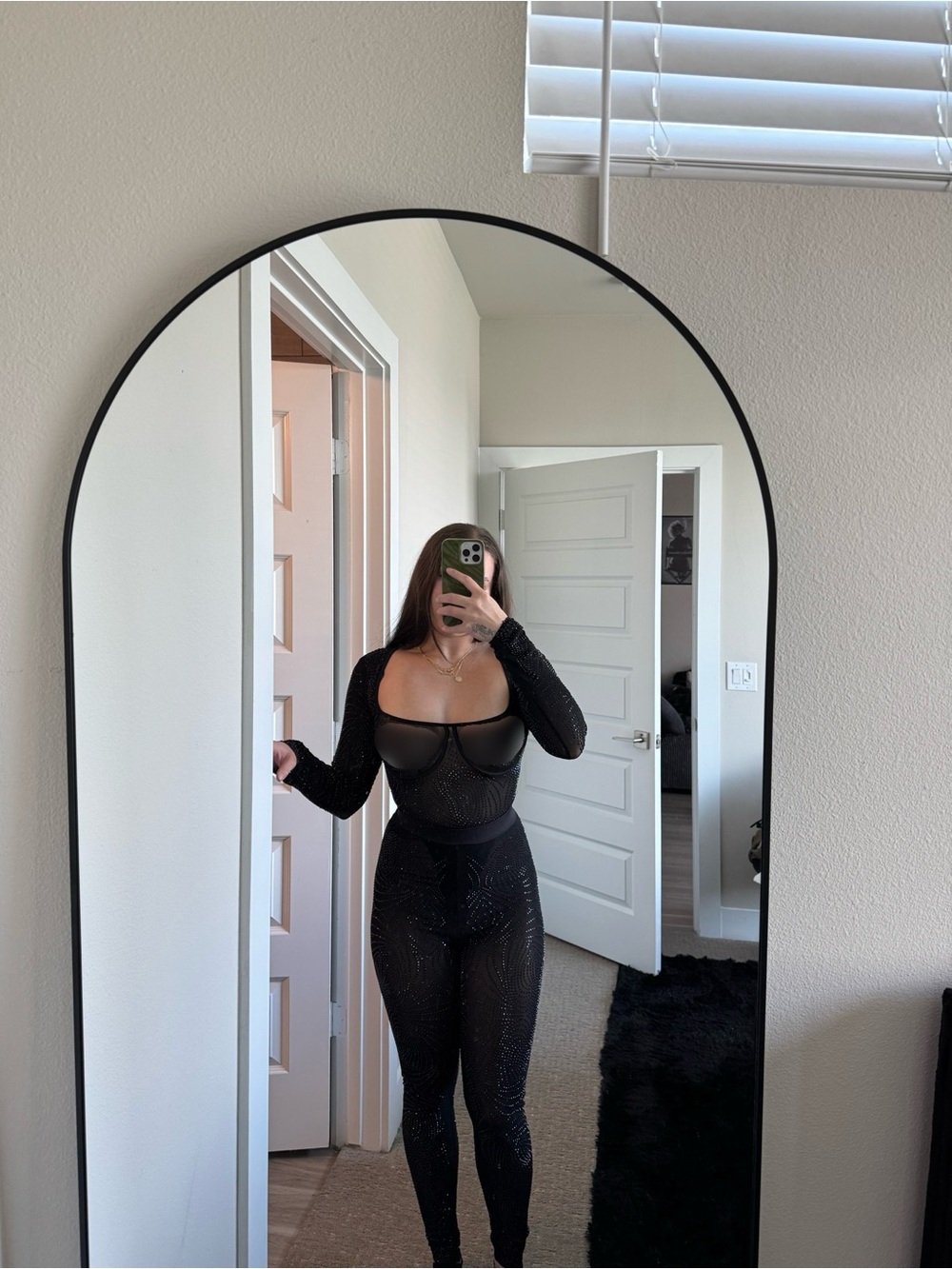 Sheer Black Sparkle Long-Sleeve Jumpsuit
